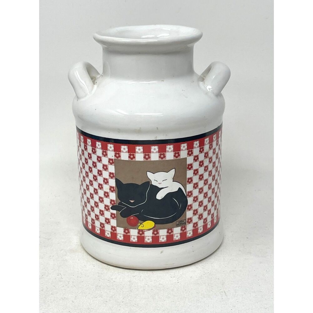 Cats White & Black Playing Red Checkered Jar Jug/Utensil Holder Linda Morgan